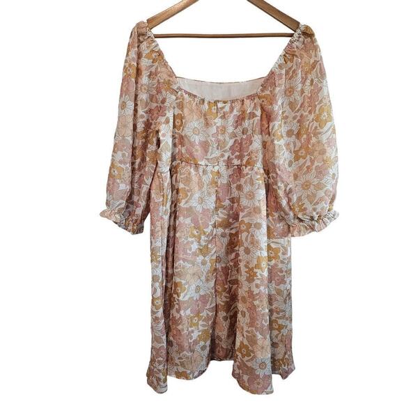 Floral Neutral Dress Womens Size XL Beige Babydoll Puff Sleeve Boho Y2K Peasant - Picture 2 of 10